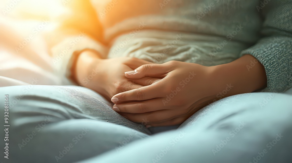 person lying down with their hands pressed gently on their stomach, illustrating the sensation of cramping or aching in the abdominal area. person lying down with their hands pressed gently on their stomach, illustrating the sensation of cramping or aching in the abdominal area.
