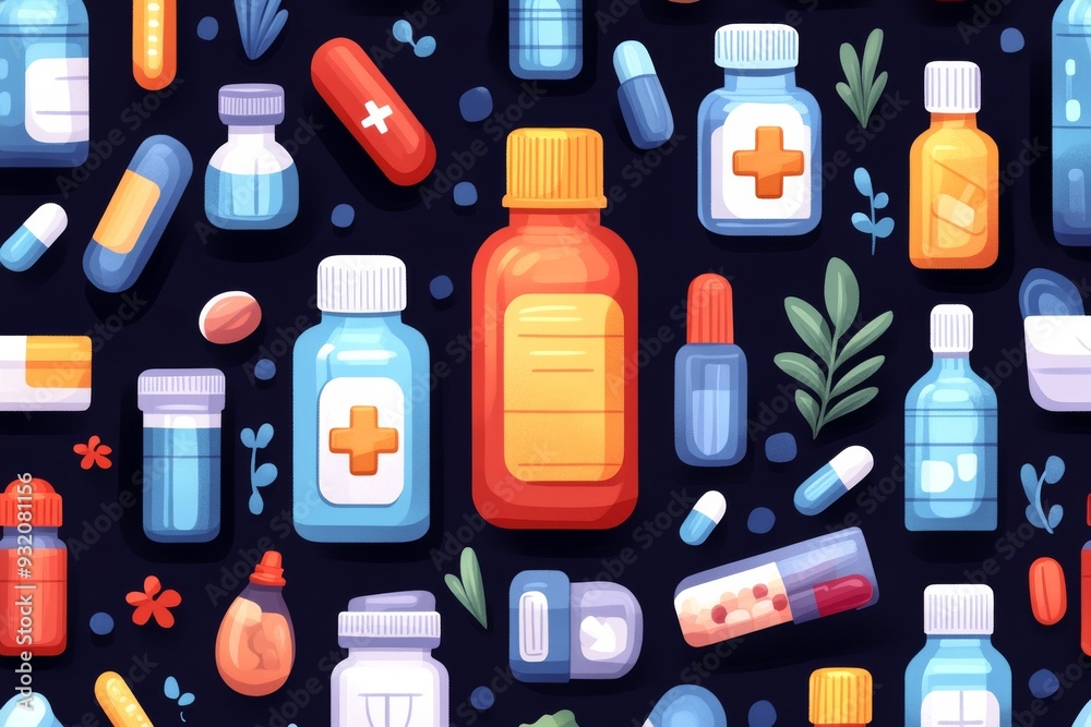 Whimsical Pill Bottles and Capsules in a Fun Pattern on a Dark Background Representing Creativity and Joy in Healthcare Whimsical Pill Bottles and Capsules in a Fun Pattern on a Dark Background Representing Creativity and Joy in Healthcare