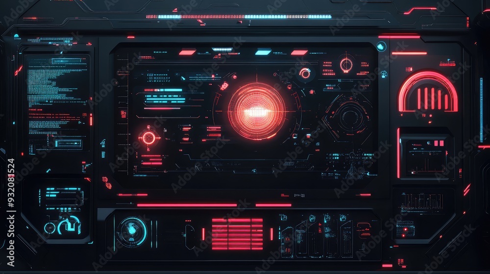 Futuristic black digital interface with abstract design elements and neon accents, sleek and high-tech.