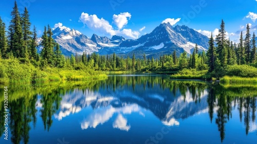 Majestic mountain peaks reflected in a serene lake with vibrant green forests and clear blue skies breathtaking nature wonder