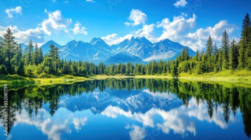 Majestic mountain peaks reflected in a serene lake with vibrant green forests and clear blue skies breathtaking nature wonder