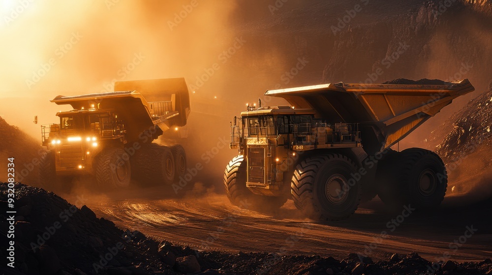 Industrial sulfur mining site featuring large trucks and machinery amidst dusty environment with dramatic lighting Industrial sulfur mining site featuring large trucks and machinery amidst dusty environment with dramatic lighting