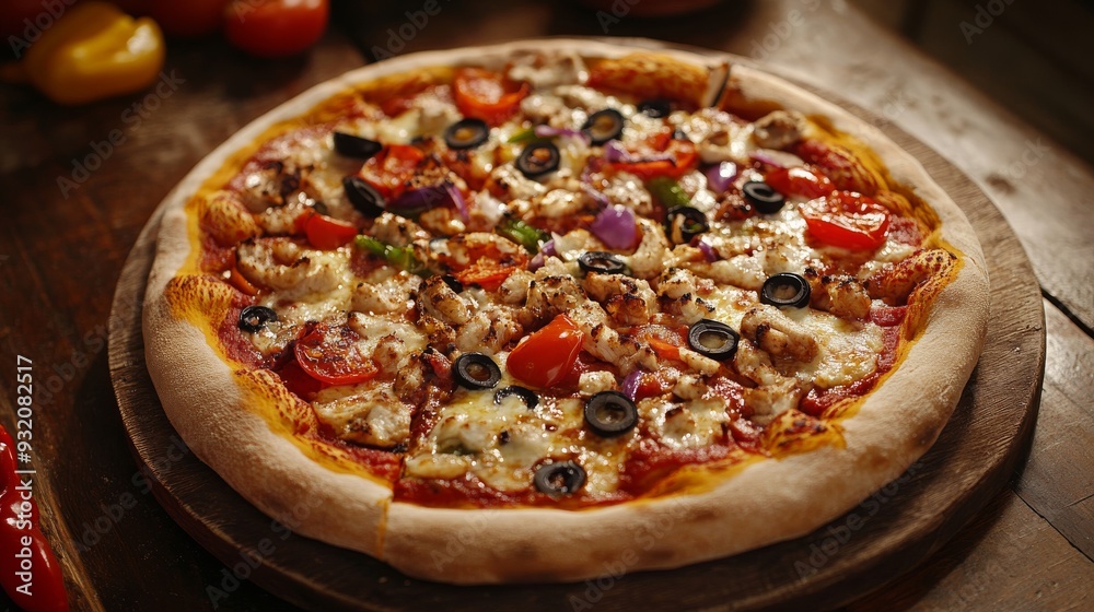 Close-up of a Delicious Chicken and Black Olive Pizza on a Wooden Platter, pizza , food , italy , dinner Close-up of a Delicious Chicken and Black Olive Pizza on a Wooden Platter, pizza , food , italy , dinner