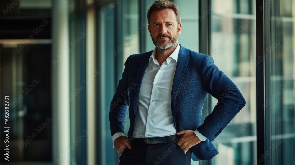 Fototapeta premium Confident businessman standing tall hands on hips powerful body language conveying authority and leadership in corporate setting dramatic lighting modern office