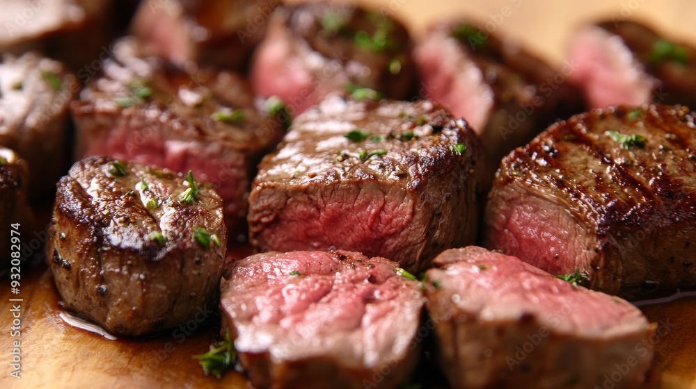 Close-up of Juicy, Perfectly Seared Steak Medallions on a Wooden Board, steak, food photography, grilling, meat, beef Close-up of Juicy, Perfectly Seared Steak Medallions on a Wooden Board, steak, food photography, grilling, meat, beef