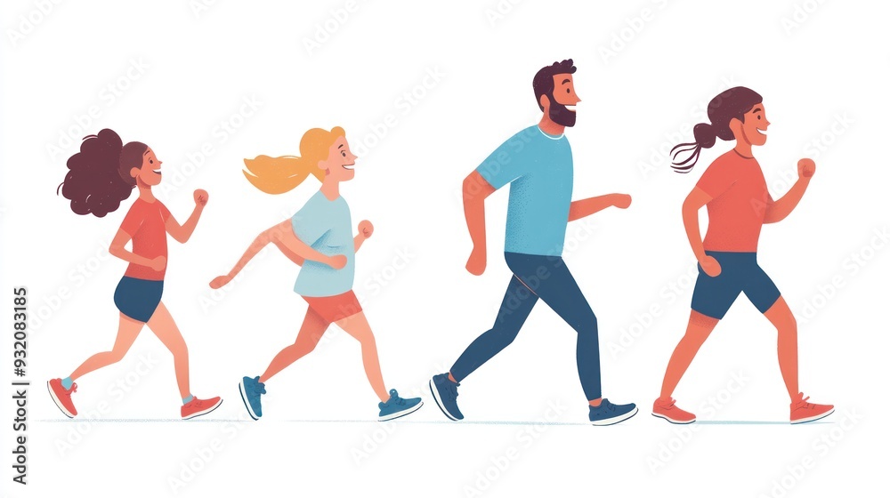 A diverse group of people jogging in a playful, animated style. A diverse group of people jogging in a playful, animated style.