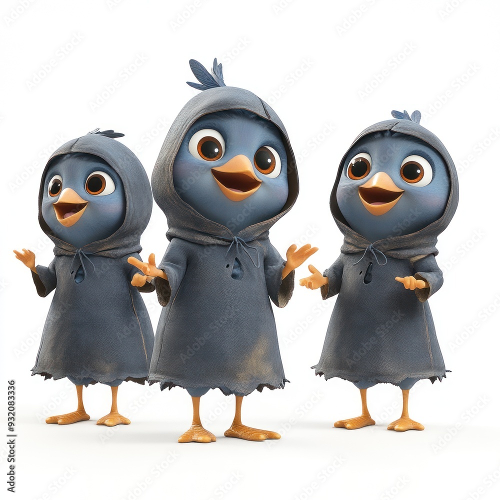 Fototapeta premium Three animated birds in hooded outfits, expressing various poses and emotions.