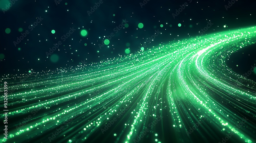 Obraz premium Ethereal Galactic Glow - Abstract 3D Illustration of Radiant Green Light Trails and Starlit Background