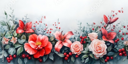 Watercolor painting of red lilies, pink roses, and red berries with green foliage