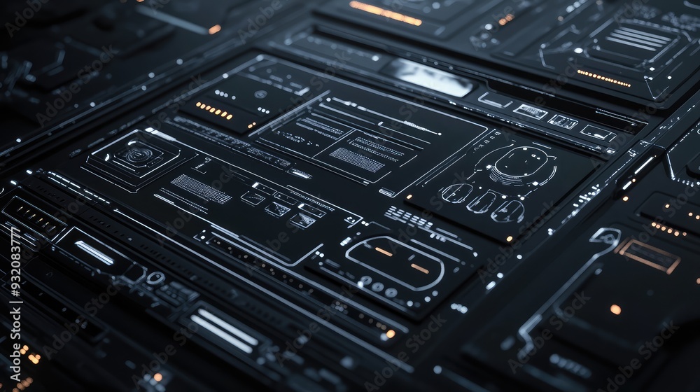 A sleek black digital interface with abstract design elements, glowing lines and futuristic patterns. A sleek black digital interface with abstract design elements, glowing lines and futuristic patterns.