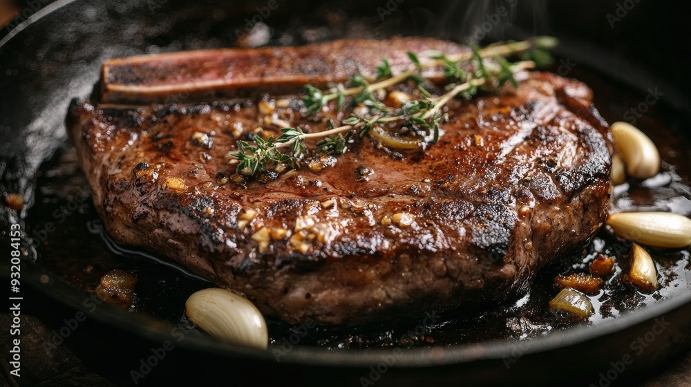 Juicy Sizzling Steak with Garlic and Thyme in Cast Iron Pan, steak, garlic, thyme, cooking
