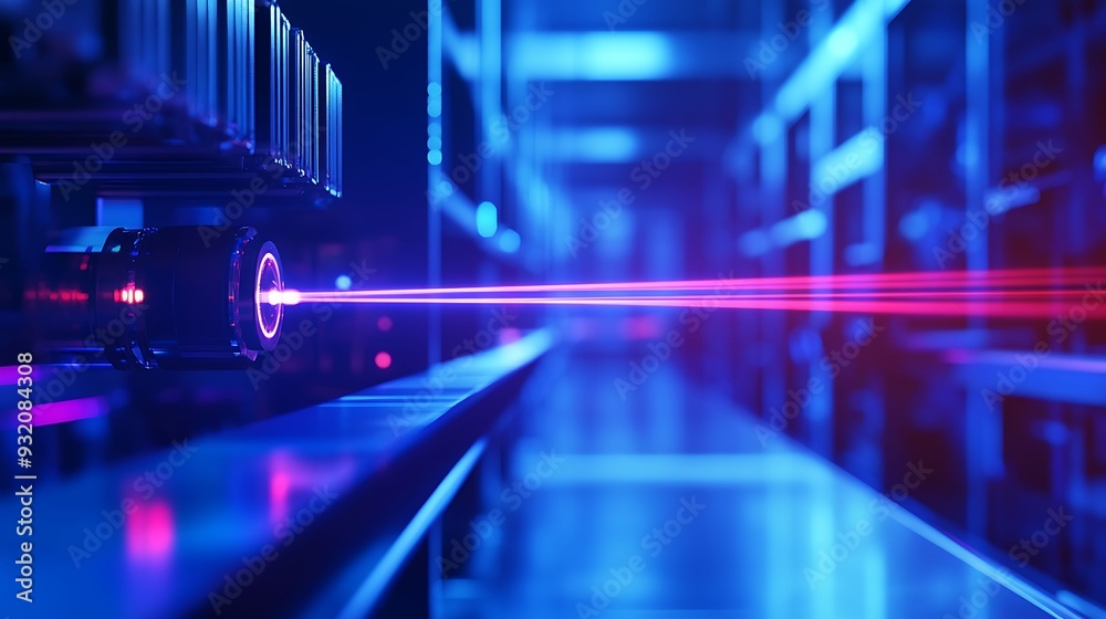 Fototapeta premium A high-tech laser beam in operation, cutting through a material in a futuristic industrial setting, illuminated by vibrant blue and red lighting.