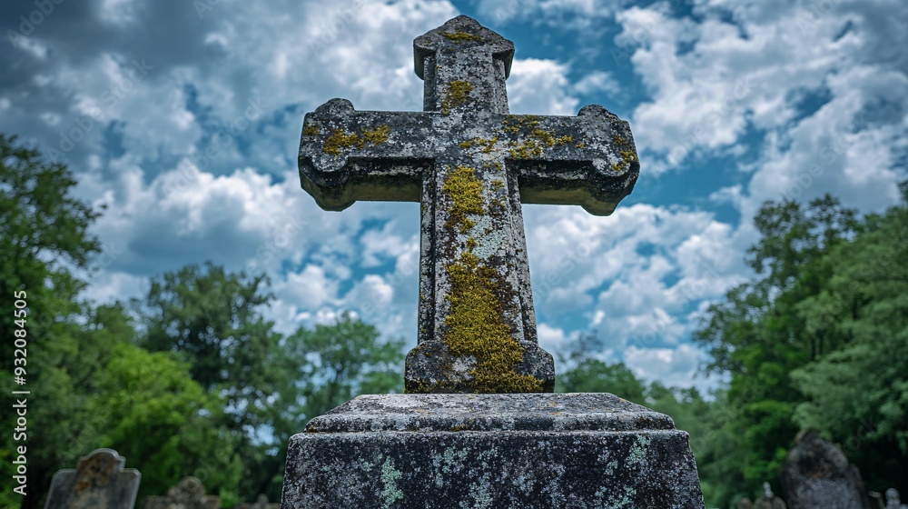 Ancient Moss-Covered Concrete Cross in Old Cemetery with Textured Details and Copy Space Above Ancient Moss-Covered Concrete Cross in Old Cemetery with Textured Details and Copy Space Above