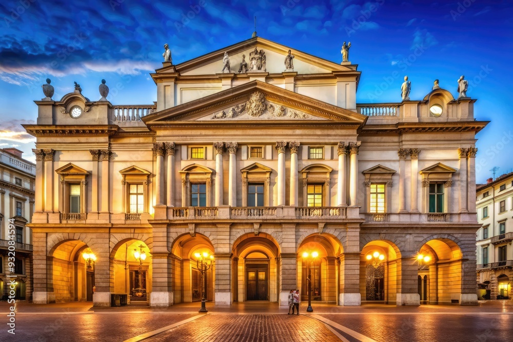 Obraz premium Elegant exterior of iconic 18th-century opera house in Milan, Italy, showcasing grand neoclassical architecture, ornate details, and rich cultural heritage.