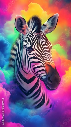 Zebra in a vibrant rainbow-colored cloudscape