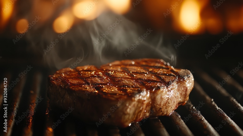 Sizzling Steak on a Hot Grill, Close Up, Juicy, Sear Marks, Grill Marks, Smoke, Beef Sizzling Steak on a Hot Grill, Close Up, Juicy, Sear Marks, Grill Marks, Smoke, Beef