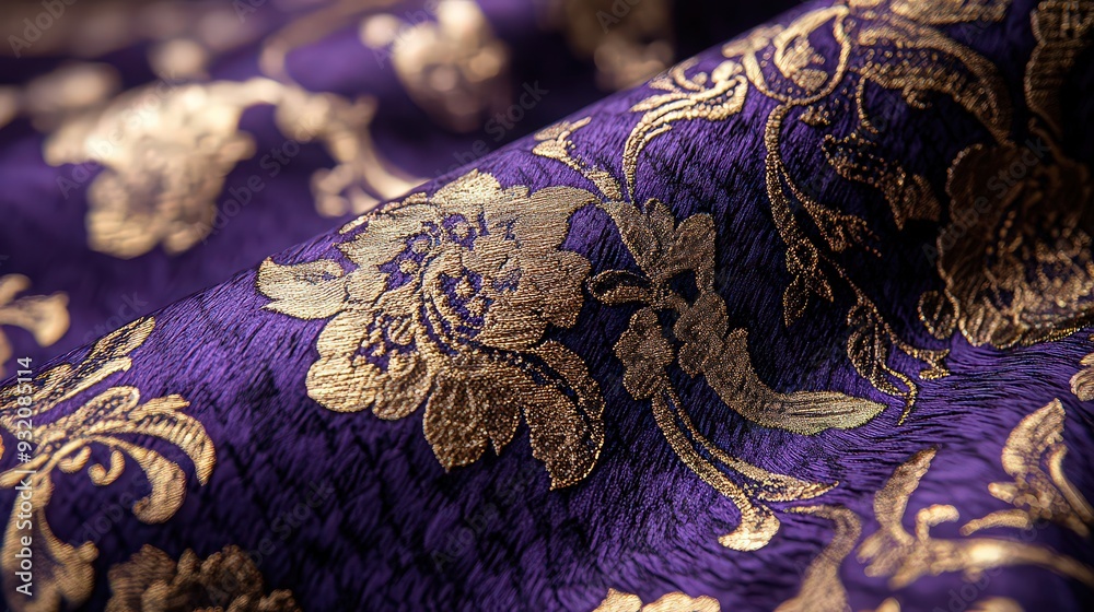 Luxurious purple fabric with golden floral patterns, creating an ornate texture. Luxurious purple fabric with golden floral patterns, creating an ornate texture.