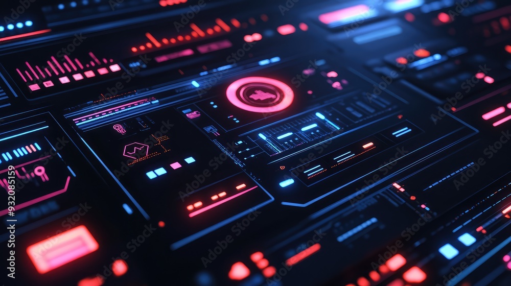Black digital interface featuring abstract geometric patterns and neon highlights, modern and tech-inspired. Black digital interface featuring abstract geometric patterns and neon highlights, modern and tech-inspired.