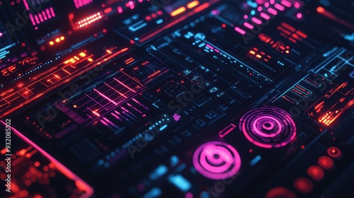 Black digital interface featuring abstract design elements, neon highlights, and tech-inspired patterns.