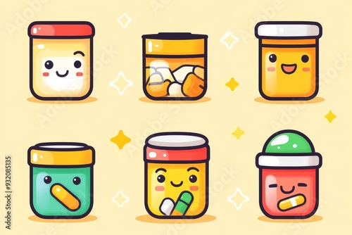 Vibrant Pill Bottle Characters in a Fun Grid Pattern on a Yellow Background Representing Creativity and Care in Healthcare