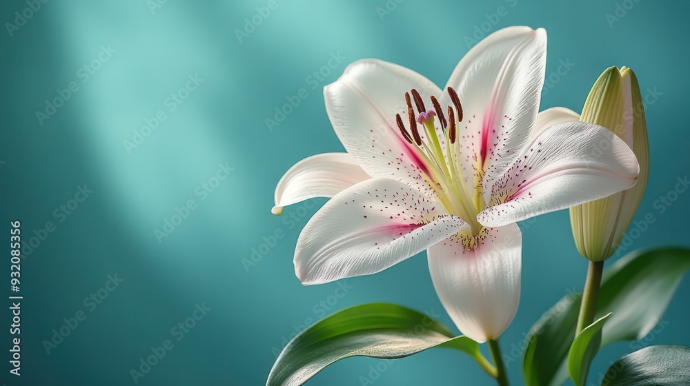 Fototapeta premium A single pink and white flower with a green stem. The flower is surrounded by a blue background. Generative AI