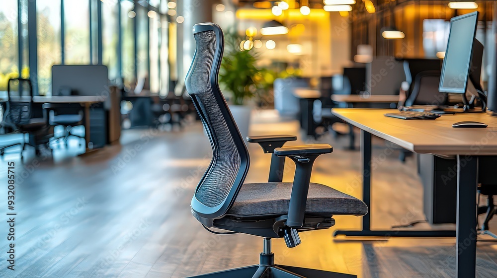 Fototapeta premium modern office chair in an open, well-lit office space, emphasizing comfort and ergonomic design