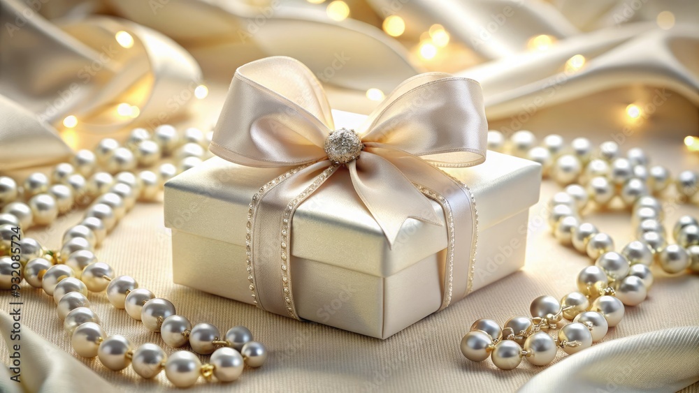 Elegant gift box adorned with sparkling white gems and a delicate satin ribbon, set against a soft, creamy background, conveying luxury and sophistication.