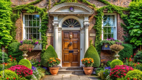 Elegant Georgian-style front door with ornate fanlight, columns, and intricate carvings, set amidst a beautifully manicured garden with lush greenery and vibrant flowers.