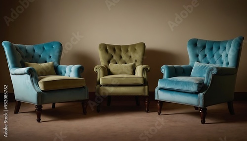 Emerald classic tufted chair among green chairs are standing in an empty room.Green walls and floor parquet oak Herringbone. Digital illustration.5