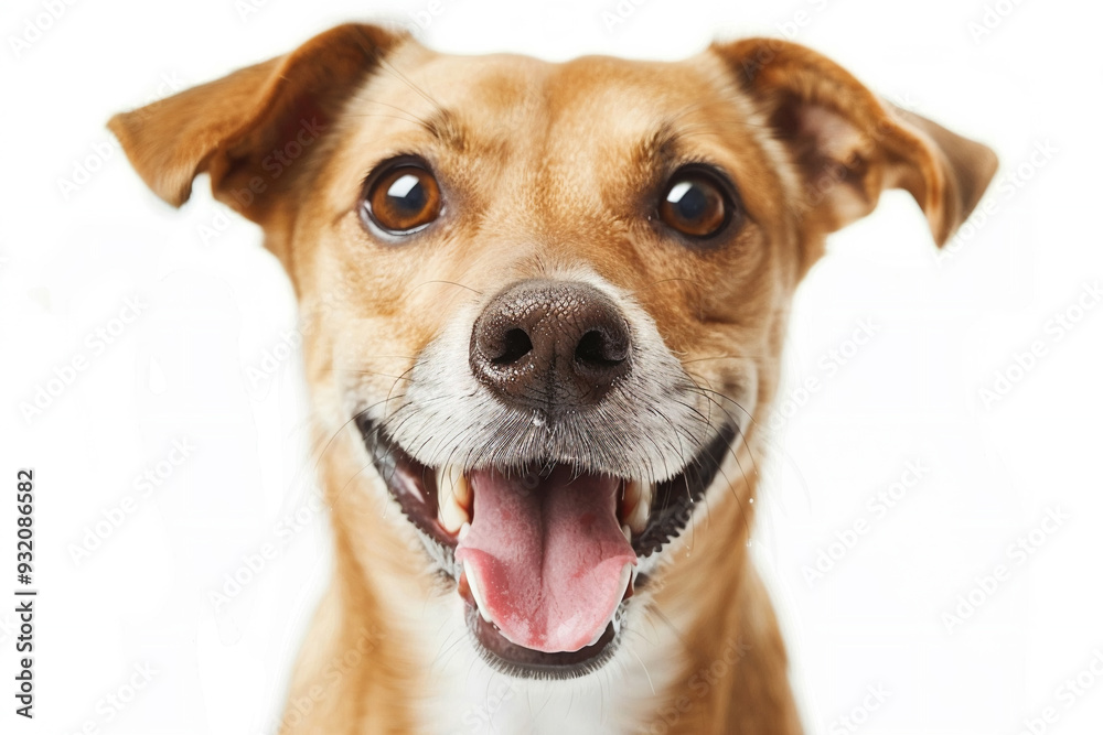 Happy dog poses with bright expression on white background