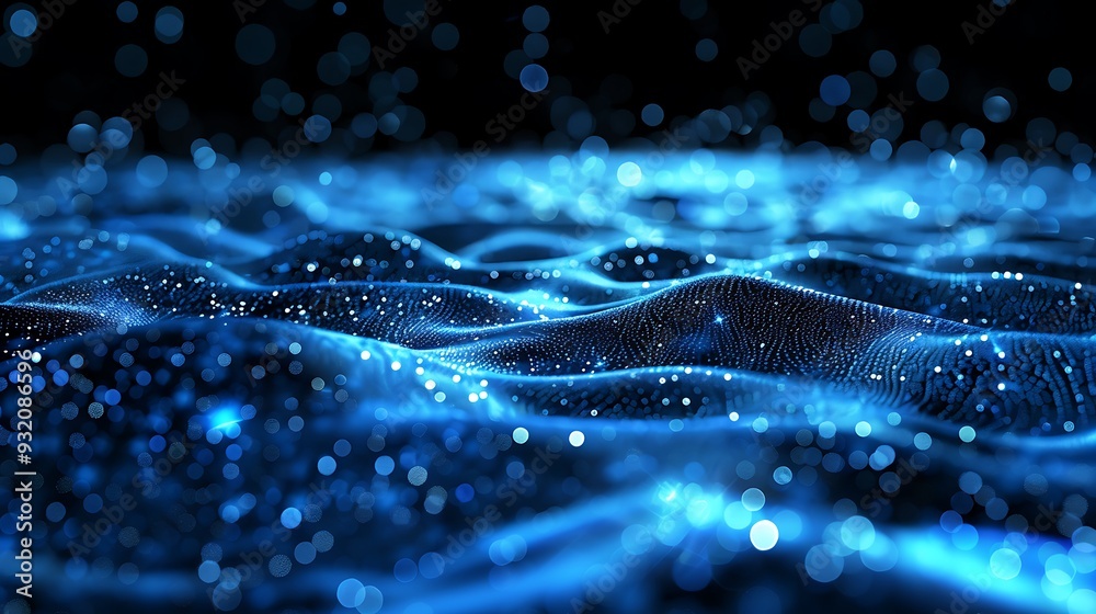 Fototapeta premium Abstract Blue Wavy Background with Glowing Particles