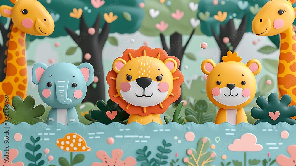 Naklejka premium A seamless pattern of playful cartoon lions, giraffes, and elephants splashing in a watering hole in the savannah, surrounded by lush trees and grassy plains, vibrant colors, dynamic poses,