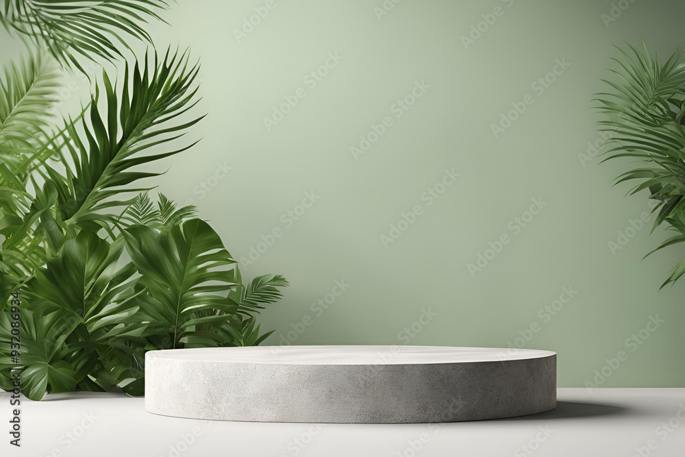 Modern Minimalist Concrete Stand With Green Leaves Background Modern Minimalist Concrete Stand With Green Leaves Background
