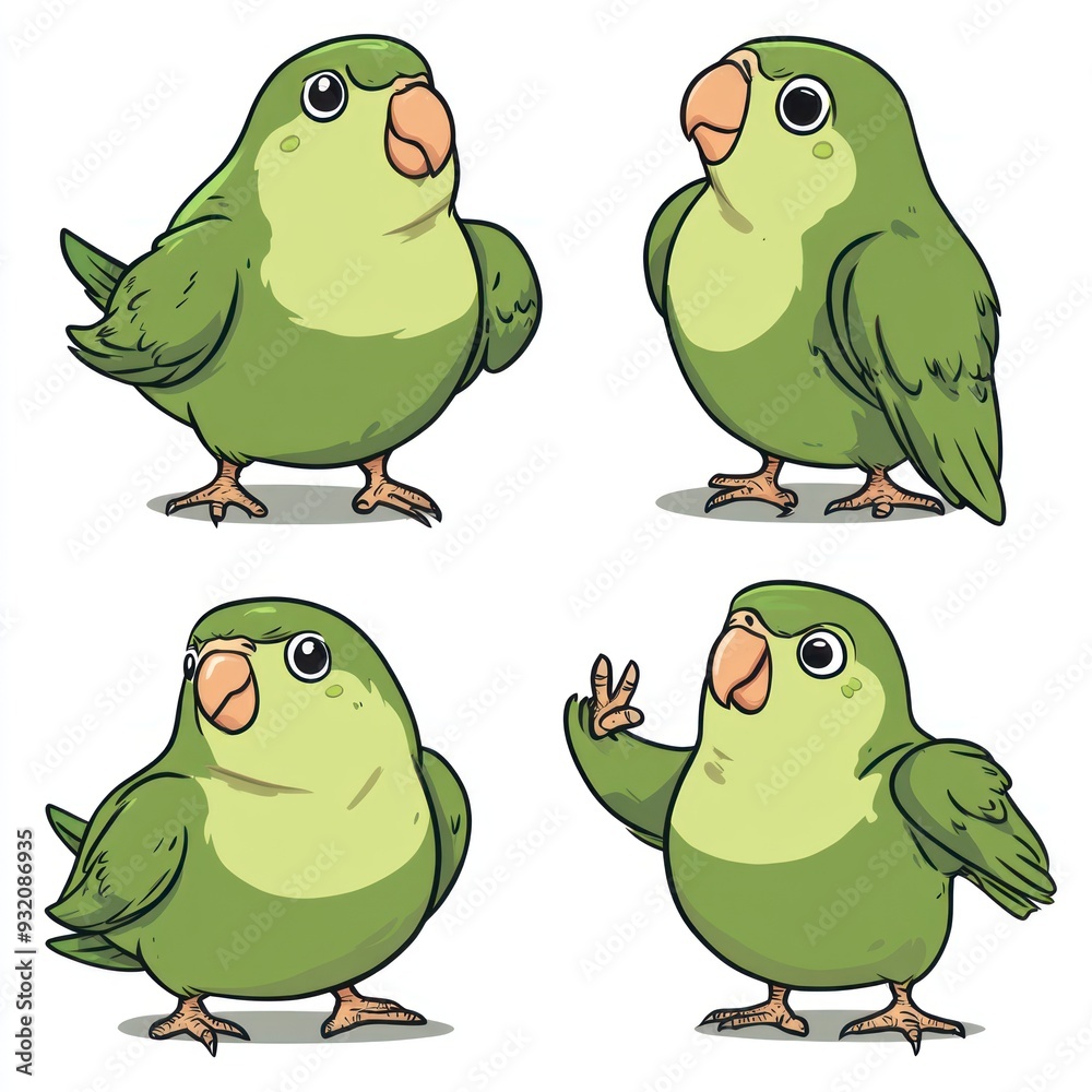 Fototapeta premium Four cartoon-style green birds in different poses and expressions.
