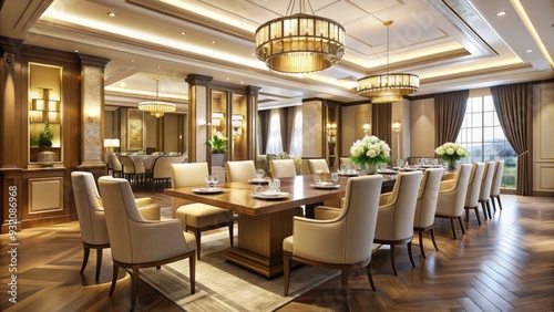 Elegant high-end dining area featuring sleek wooden tables, comfortable cream-leather chairs, and ornate gold fixtures, exuding sophistication and refinement.