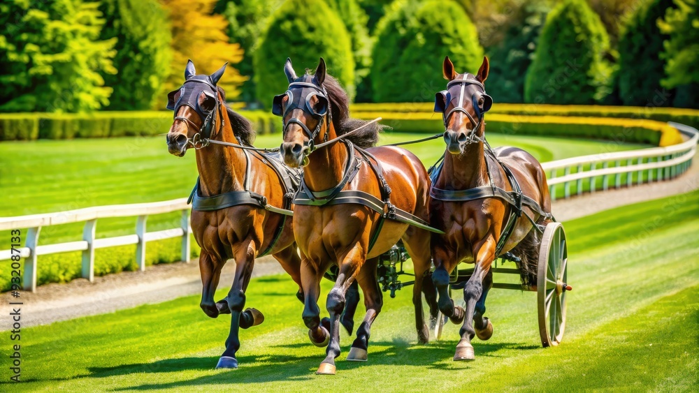 Elegant horses pulling sleek sulky carts driven by focused drivers speed around a lush green oval track on a sunny afternoon. Elegant horses pulling sleek sulky carts driven by focused drivers speed around a lush green oval track on a sunny afternoon.