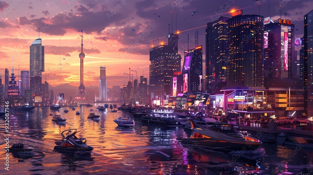 Fototapeta premium Futuristic Cityscape at Sunset with Boats and Neon Lights