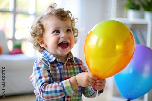 Toddler Holding a Balloon - A joyful toddler holding a brightly colored balloon, with a big smile on their face.
