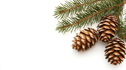 Fir tree branch with cones arranged elegantly on a white background, perfect for winter holiday decorations or Christmas card designs.