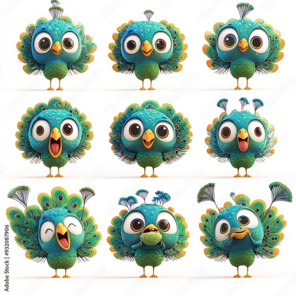 Fototapeta premium A colorful cartoon peacock character displaying various cheerful expressions.