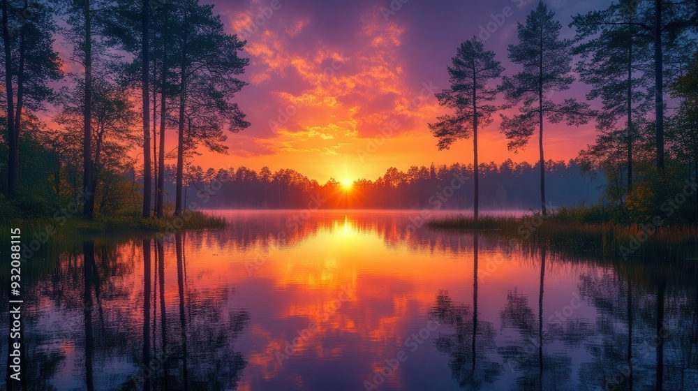 breathtaking sunset over a serene lake vibrant oranges pinks and purples paint the sky and reflect perfectly on the still water surface silhouettes of trees frame the composition breathtaking sunset over a serene lake vibrant oranges pinks and purples paint the sky and reflect perfectly on the still water surface silhouettes of trees frame the composition