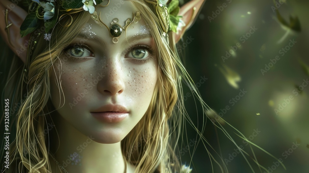 A beautiful elf adorned with flowers and shimmering details looks contemplatively into the distance surrounded by nature A beautiful elf adorned with flowers and shimmering details looks contemplatively into the distance surrounded by nature