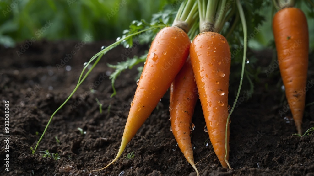 Carrots planted in the ground with raindrops, agriculture concept.