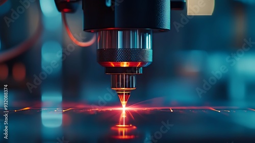 Detailed close-up of an industrial laser cutting machine using an intense red beam, highlighting advanced precision and technology in modern manufacturing processes.