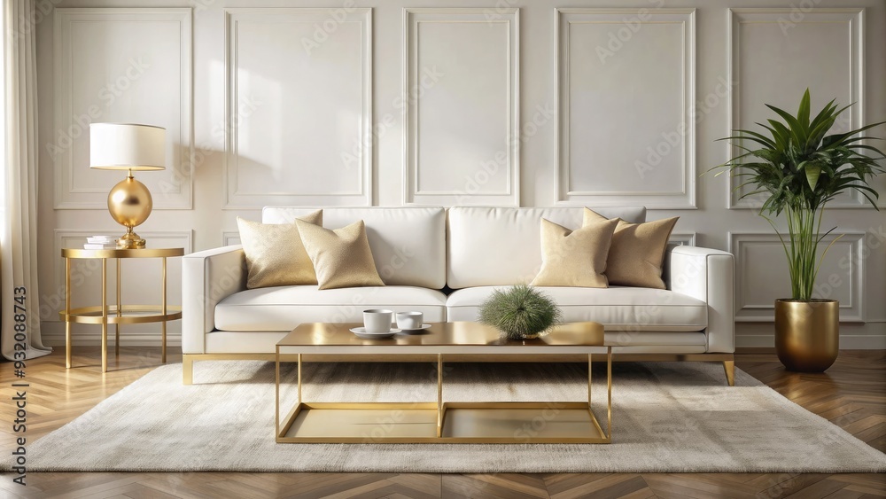 Fototapeta premium Elegant minimalistic room features a sleek gold-accented coffee table, paired with a plush cream sofa, against a clean white backdrop with subtle natural light.
