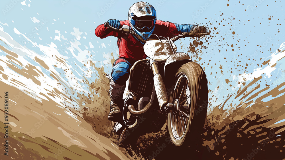 Fototapeta premium Illustration, man riding a dirt bike, mudd is splashing from the soil, low angle view. Outdoor activity. Sports event. Motor bike at high speed. Motorsport.