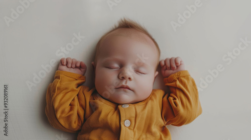 Newborn baby in deep sleep, dressed in a mustard yellow onesie against a soft white background.