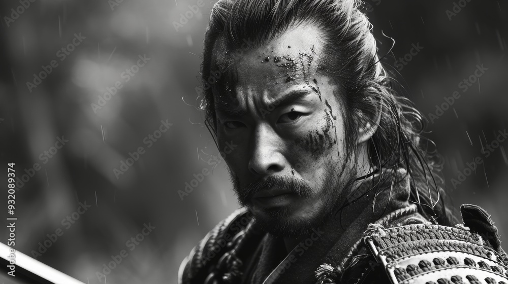 Black and white image capturing a fierce samurai in mid-pose with a katana, exuding strength and readiness. Black and white image capturing a fierce samurai in mid-pose with a katana, exuding strength and readiness.