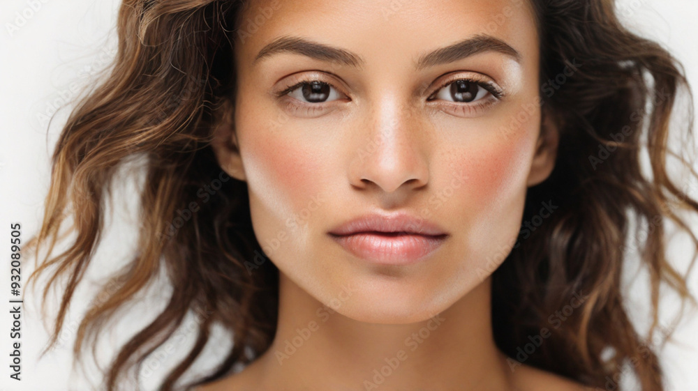 Fototapeta premium Close up studio portrait of natural beautiful woman with natural make up on the white background