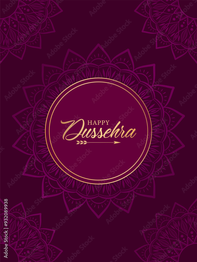 Golden text Happy Dussehra on purple background with round golden frame and abstract floral mandala elements. Elegant festive design for greeting card or poster for Hindu celebration Dussehra. Golden text Happy Dussehra on purple background with round golden frame and abstract floral mandala elements. Elegant festive design for greeting card or poster for Hindu celebration Dussehra.